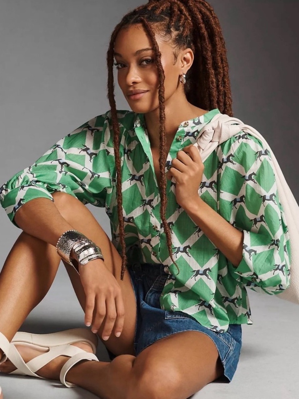 Anthropologie Maeve Green Horse Buttondown Oversized Cotton Blouse